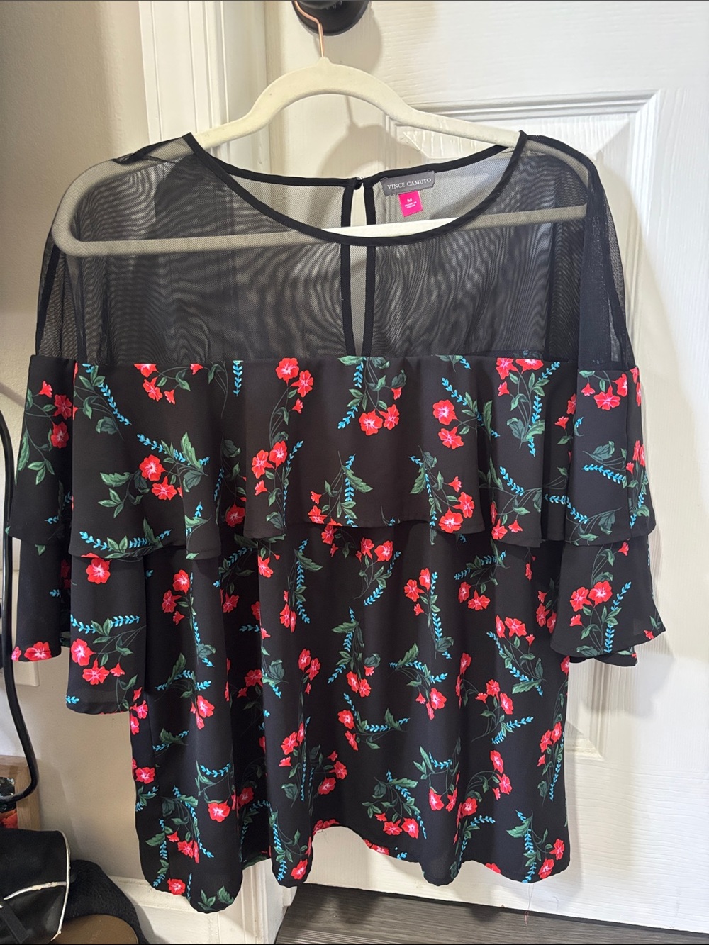Vince Camuto Black Floral flutter sleeve Mesh Yoke Blouse
